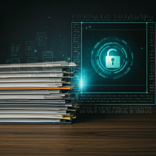 Elegant combination of organized physical files and high-tech digital elements